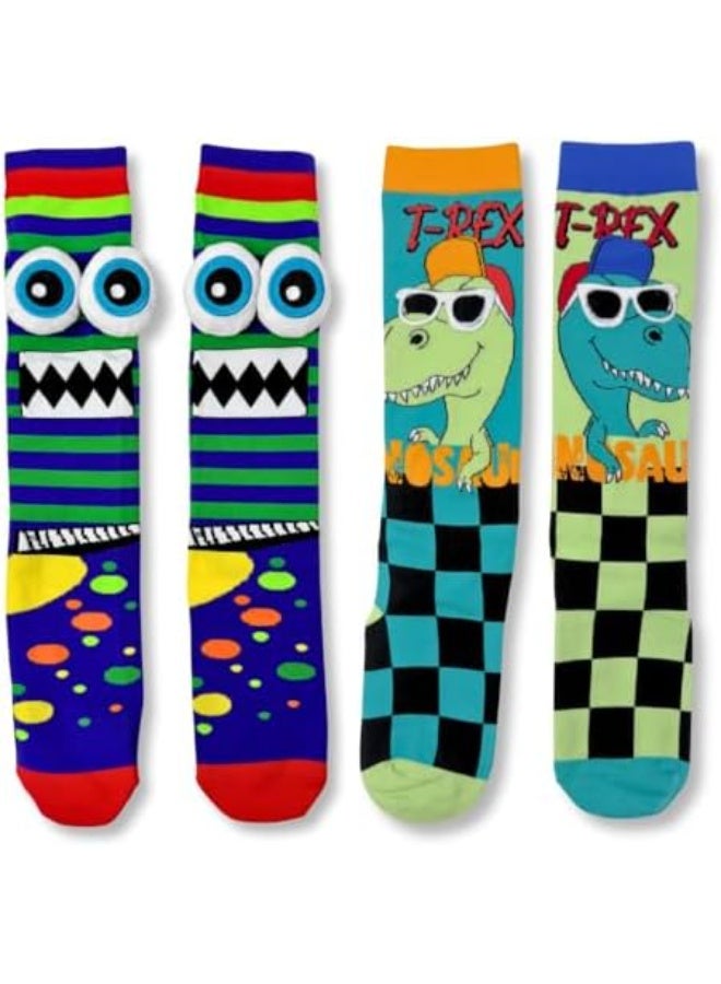 Glitters Kids 2-Pack 3D Monster & T-Rex Knee-High Socks – Fun Novelty Character Socks with Plush Eyes – Soft, Colorful & Comfortable Socks for Boys & Girls - Image 1