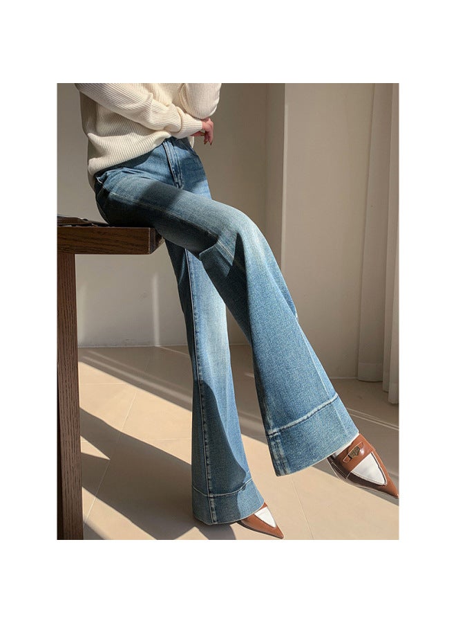 Vintage Washed Jeans Women's Spring And Summer 2024 New High Waist Slim-Fit Slimming Tall Design Horn Horseshoe Trousers 