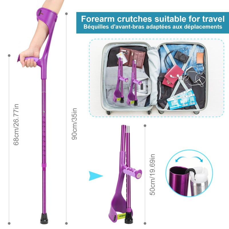Antdvao Forearm Crutches Pair Folding Forearm Crutches Anti-Drop Cuff Reduces The Hassle of Picking Up Forearm Crutchï¼ŒComfortable Grip and Wear-Resistant, Non-Slip Forearm Crutches (Violet) - Image 5