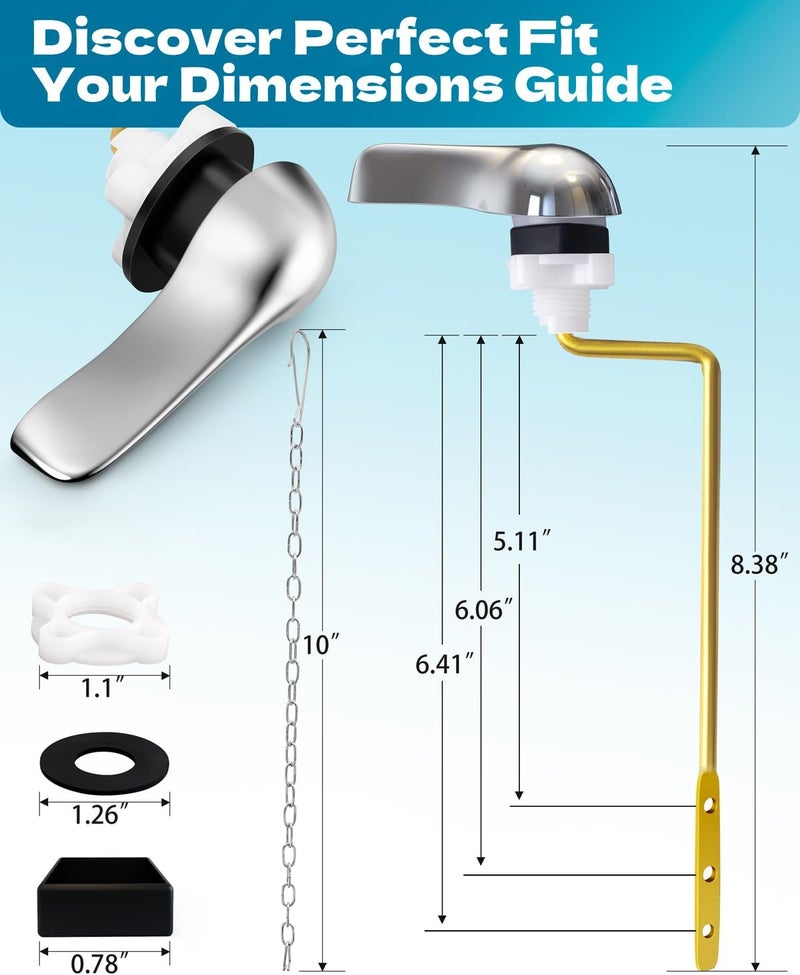 HELEMAN Toilet Handle Replacement Kit Universal - Side-Mount Toilet Handle Tank Flush Lever with Stainless Steel Flapper Chain, Compatible with Gerber, American, Standard, Kohler, TOTO,Chrome - Image 2