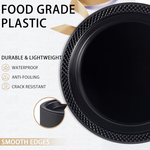 WELLIFE Black Plastic Plates 9 Inch -150 Count for Party, Plastic Disposable Dinner Plates for Halloween Picnic BBQ - Image 4