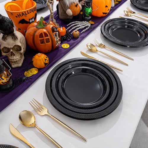 WELLIFE Black Plastic Plates 9 Inch -150 Count for Party, Plastic Disposable Dinner Plates for Halloween Picnic BBQ - Image 3