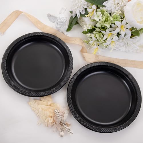 WELLIFE Black Plastic Plates 9 Inch -150 Count for Party, Plastic Disposable Dinner Plates for Halloween Picnic BBQ - Image 5
