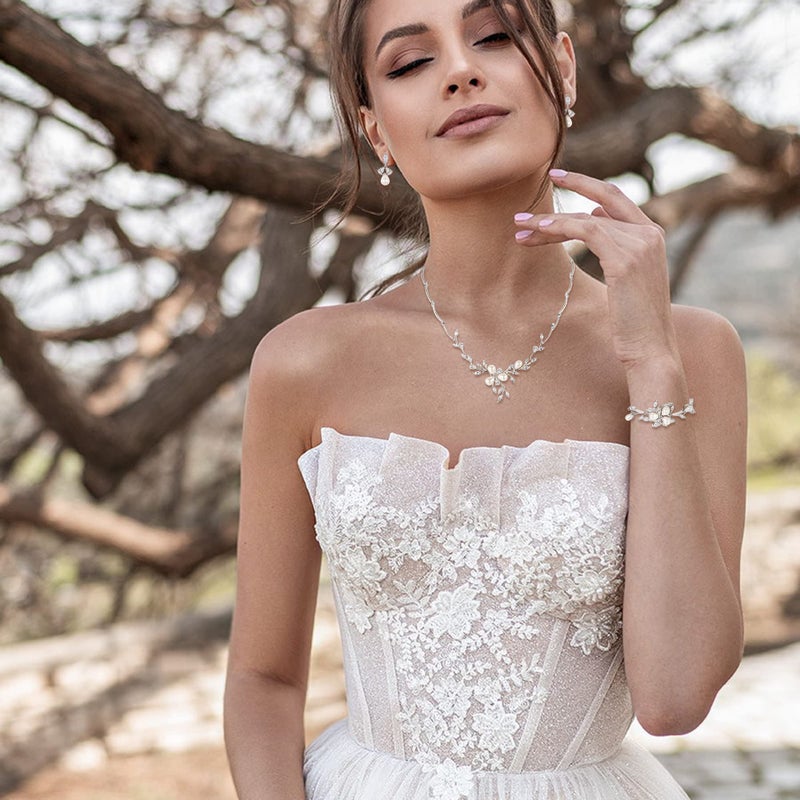 EVER FAITH Clear Marquise CZ Simulated Pearl White-Gold-Plated-Brass Wedding Jewelry Flower Leaf Filigree Bridal Necklace Earrings Bracelet Set for Bride - Image 4