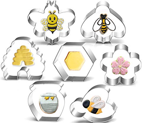 LUBTOSMN Bee Cookie Cutters Set - 3 Inches - 7 Piece - Beehive, Flower, Honeycomb and Honey Jar Stainless Steel Biscuit Molds for Honey Bee Party Decoration Favor - Image 1