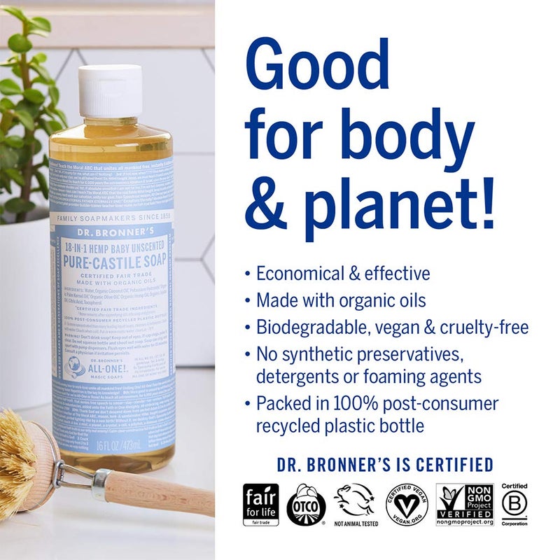 Dr. Bronner's - Pure-Castile Liquid Soap (Baby Unscented, 16 ounce, 2-Pack) - Made with Organic Oils, 18-in-1 Uses: Face, Hair, Laundry and Dishes, For Sensitive Skin and Babies, No Added Fragrance - Image 4