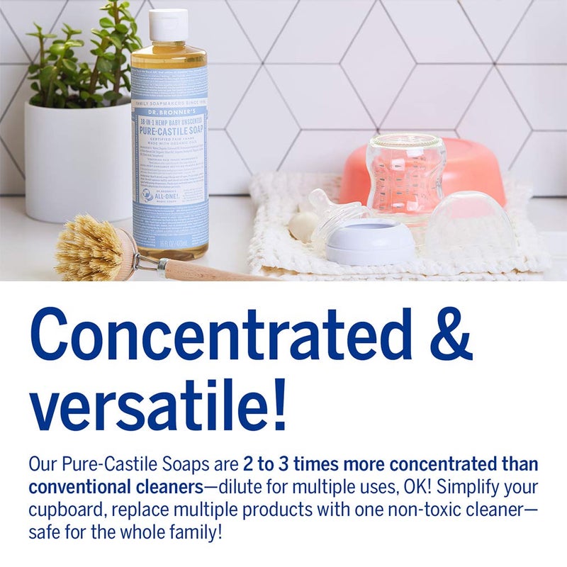 Dr. Bronner's - Pure-Castile Liquid Soap (Baby Unscented, 16 ounce, 2-Pack) - Made with Organic Oils, 18-in-1 Uses: Face, Hair, Laundry and Dishes, For Sensitive Skin and Babies, No Added Fragrance - Image 5