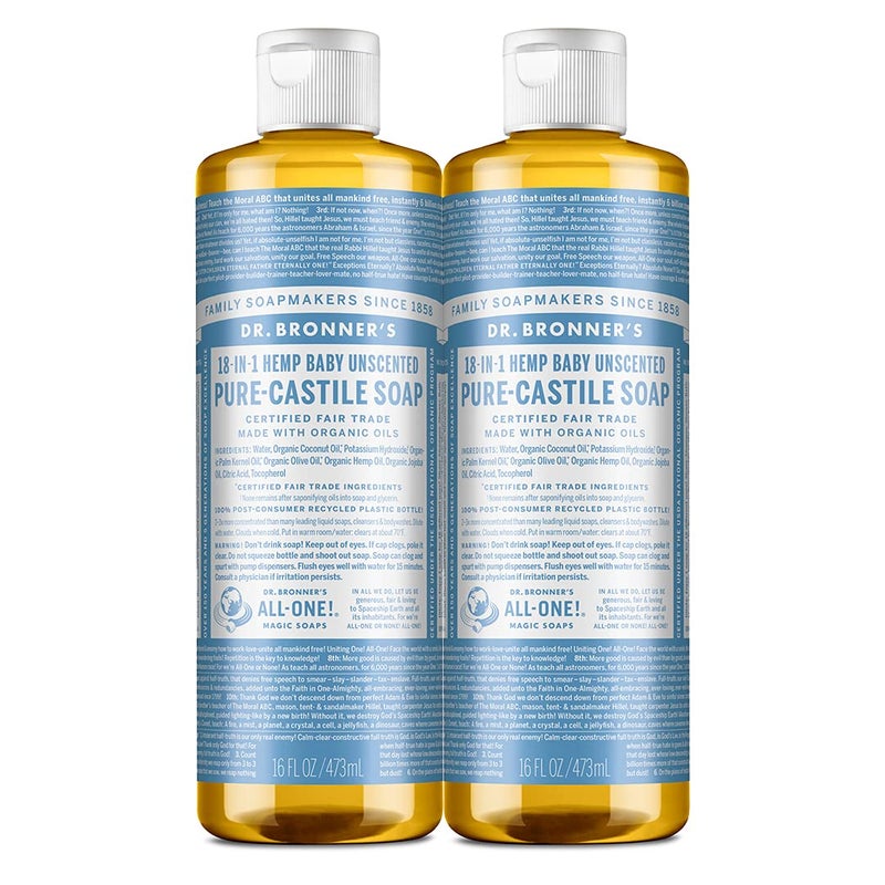 Dr. Bronner's - Pure-Castile Liquid Soap (Baby Unscented, 16 ounce, 2-Pack) - Made with Organic Oils, 18-in-1 Uses: Face, Hair, Laundry and Dishes, For Sensitive Skin and Babies, No Added Fragrance - Image 1