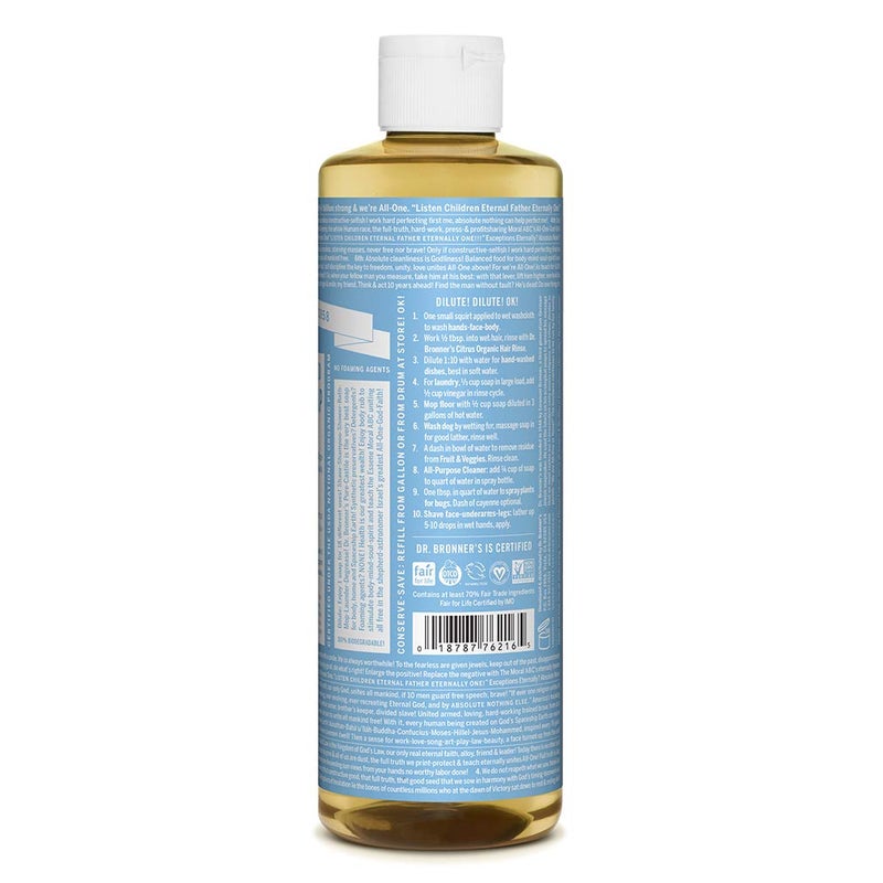 Dr. Bronner's - Pure-Castile Liquid Soap (Baby Unscented, 16 ounce, 2-Pack) - Made with Organic Oils, 18-in-1 Uses: Face, Hair, Laundry and Dishes, For Sensitive Skin and Babies, No Added Fragrance - Image 2