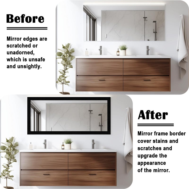 Alened 10M Black Wood Grain Mirror Frame Border Peel and Stick Wallpaper, Removable PVC Waterproof Bathroom Mirror Tape Sticker Trim, Kitchen Wallpaper Self Adhesive Decor Sticker 2" x 393" - Image 2