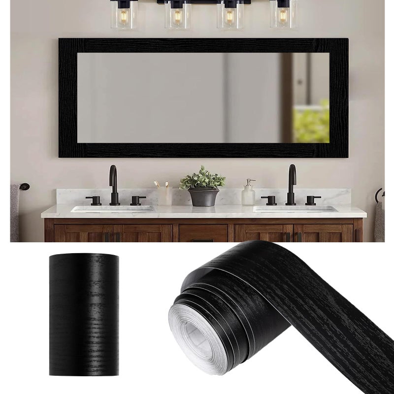 Alened 10M Black Wood Grain Mirror Frame Border Peel and Stick Wallpaper, Removable PVC Waterproof Bathroom Mirror Tape Sticker Trim, Kitchen Wallpaper Self Adhesive Decor Sticker 2" x 393" - Image 1