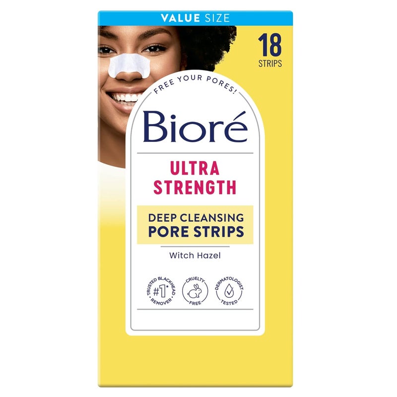 Bioré Witch Hazel Ultra Strength Blackhead Remover Pore Strips, Clears Pores up to 2x More than Original Pore Strips, features C-Bond Technology, Oil-Free, Non-Comedogenic Use, 18 Count - Image 1