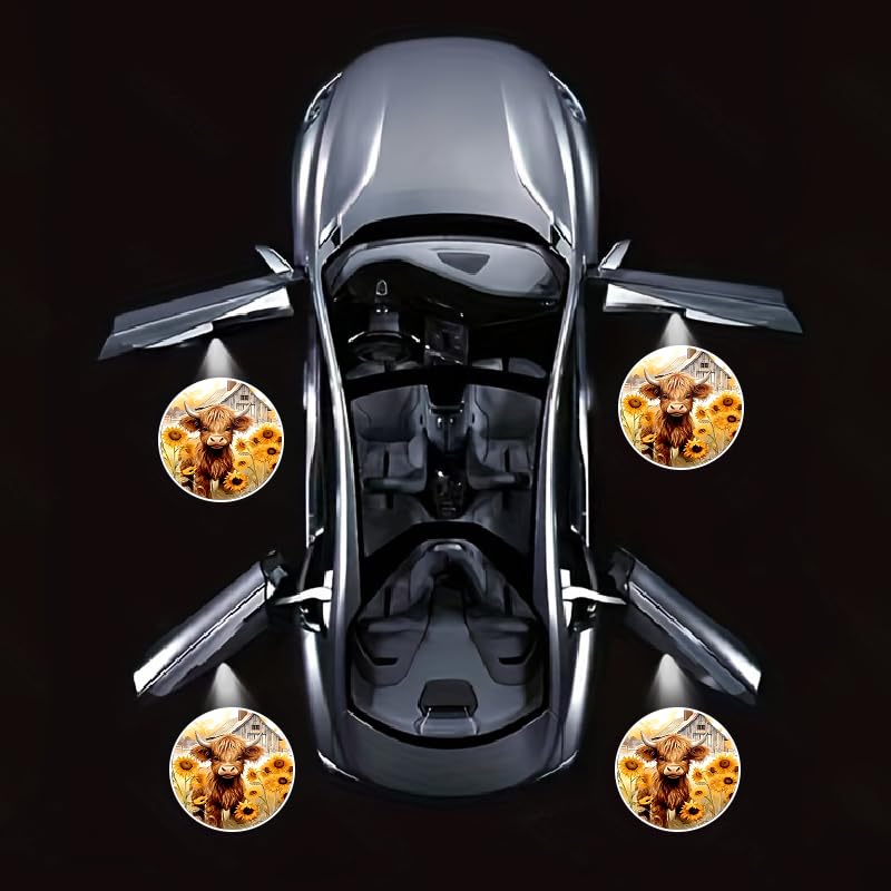 LMZLJZ 4PCS Car Door LightsSunflower Highland Cow Door Lights Logo Projector LED Shadow Welcome LampCar Accessories Sunflower Cow Gifts for Men WomenSuitable for All Vehicles Motorcycle Bike - Image 1