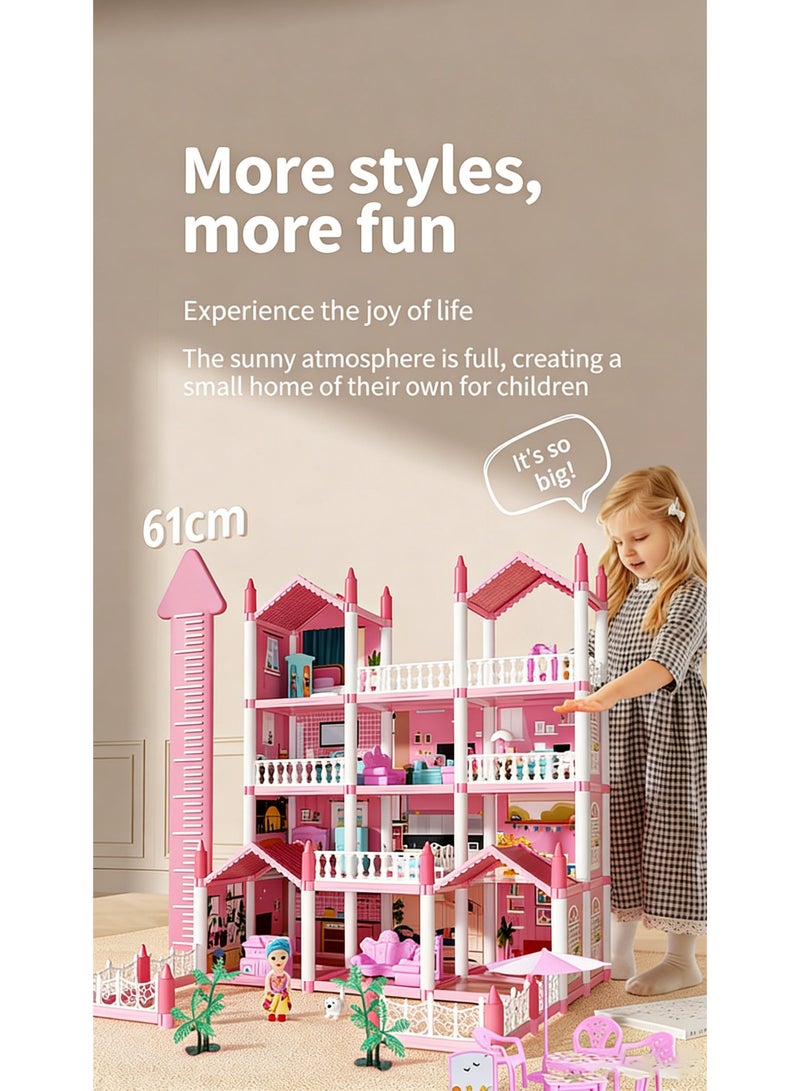 Flushrenic Dollhouse, Dream Dollhouse for Girls: Pretend Play Doll DIY Dollhouse Set — A four-storey playhouse with fourteen rooms, complete with four doll figures and two sets of lighting, furniture and accessories. Children's gift toy, suitable for ages 3 to 8 years. - Image 2