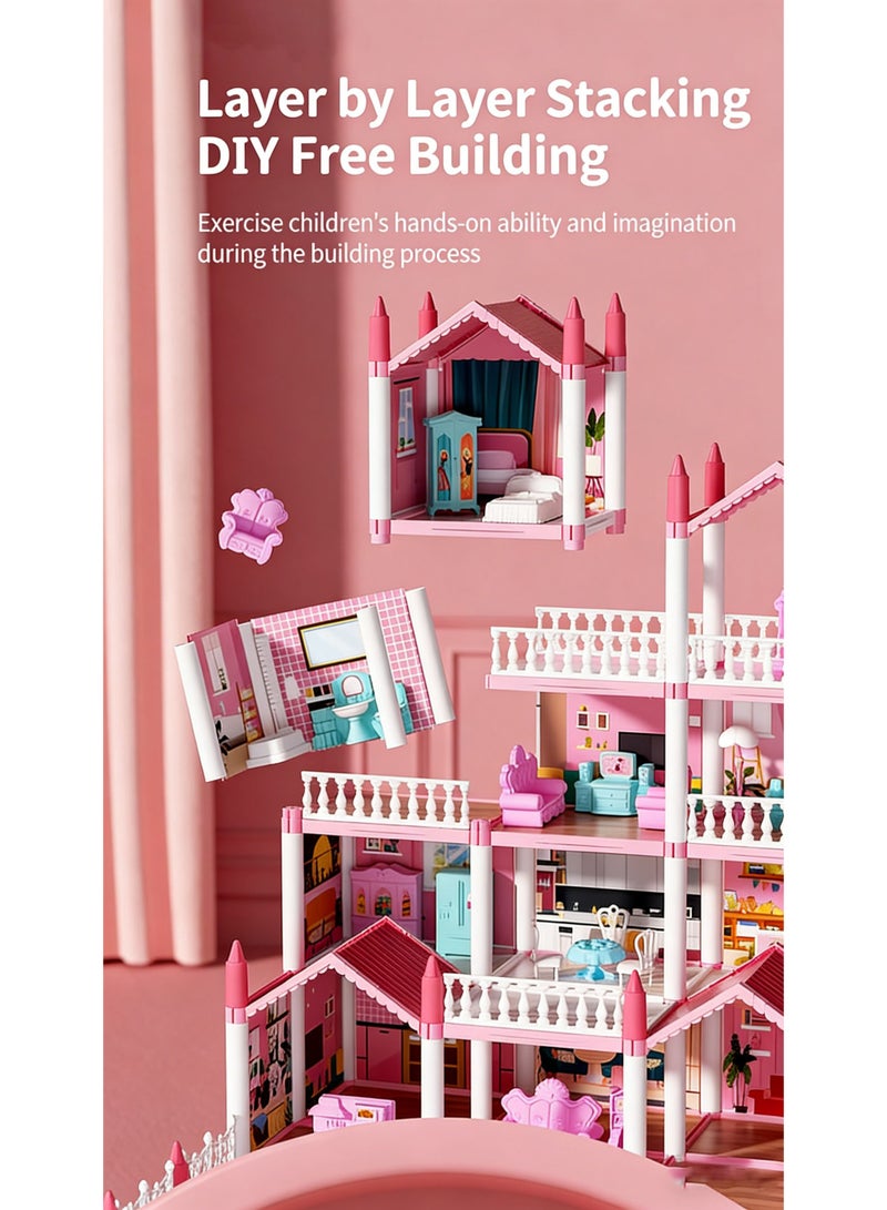 Flushrenic Dollhouse, Dream Dollhouse for Girls: Pretend Play Doll DIY Dollhouse Set — A four-storey playhouse with fourteen rooms, complete with four doll figures and two sets of lighting, furniture and accessories. Children's gift toy, suitable for ages 3 to 8 years. - Image 3