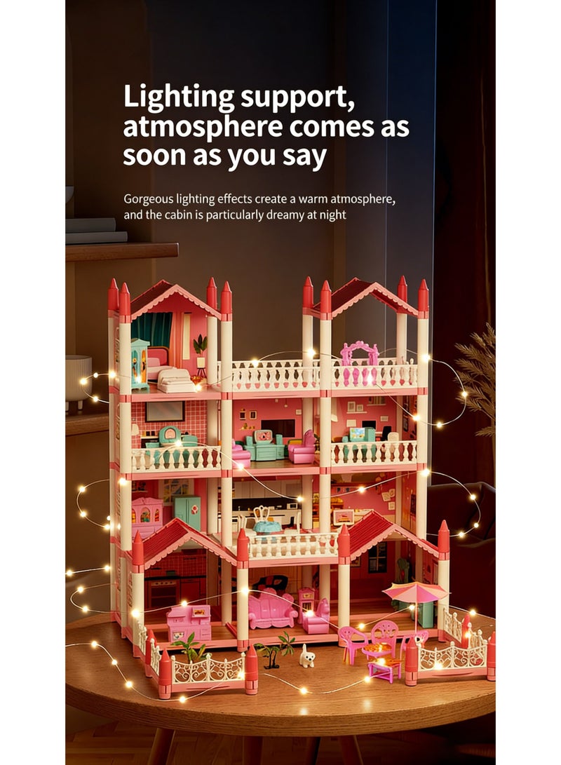 Flushrenic Dollhouse, Dream Dollhouse for Girls: Pretend Play Doll DIY Dollhouse Set — A four-storey playhouse with fourteen rooms, complete with four doll figures and two sets of lighting, furniture and accessories. Children's gift toy, suitable for ages 3 to 8 years. - Image 5
