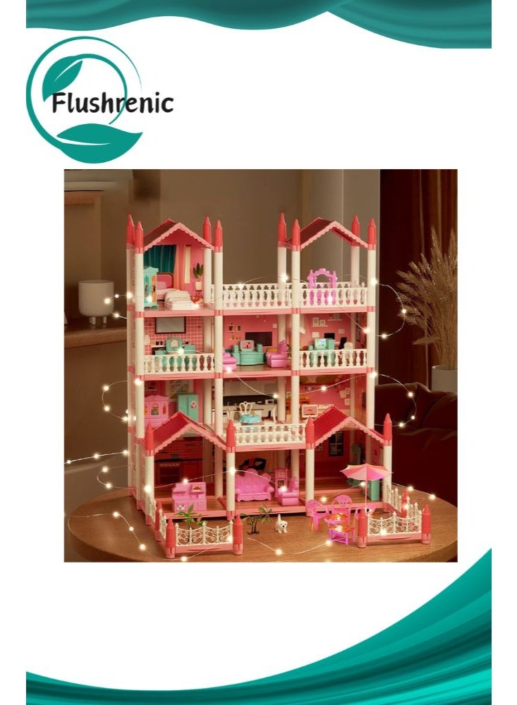Flushrenic Dollhouse, Dream Dollhouse for Girls: Pretend Play Doll DIY Dollhouse Set — A four-storey playhouse with fourteen rooms, complete with four doll figures and two sets of lighting, furniture and accessories. Children's gift toy, suitable for ages 3 to 8 years. - Image 1