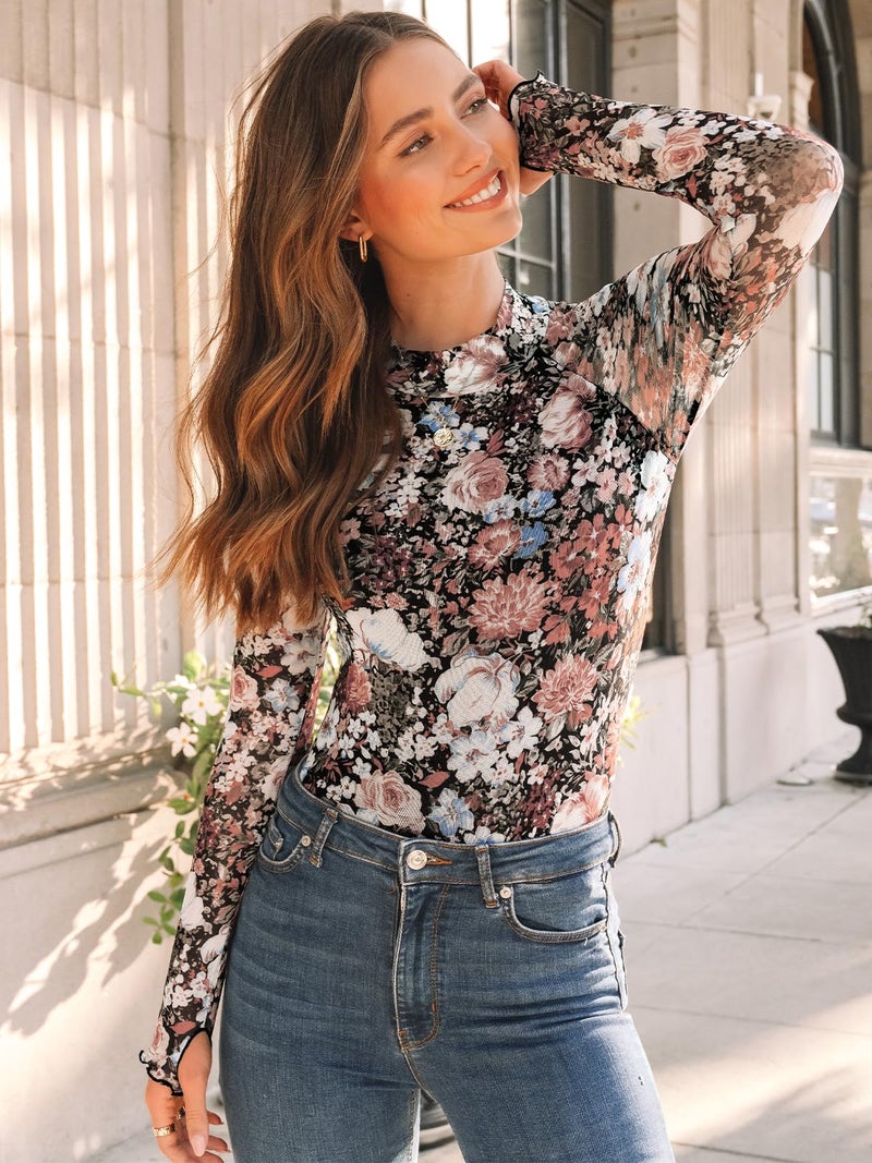 Dealmore Lace Sheer Floral Mesh Mockneck Going Out Tops for Women Fall Fashion Spring Outfits 2026 Clothes Floral Fierce XXL - Image 5