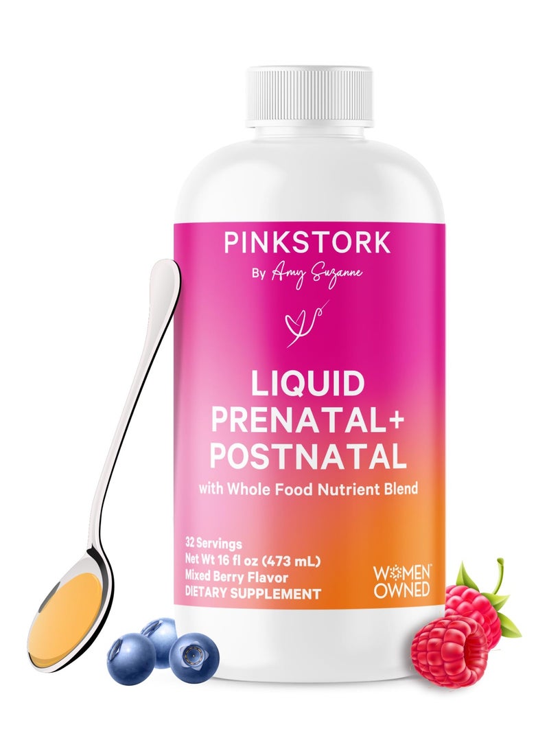 Pink Stork Liquid Prenatal + Postnatal with Whole Food Nutrient Blend, 32 Servings, Mixed Berry Flavor, 16 fl oz (473 mL), Dietary Supplement - Image 1