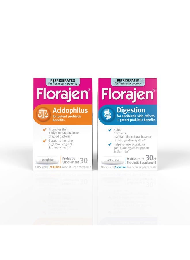 Florajen Digestion Probiotic (15 Billion CFUs) + Florajen Acidophilus Probiotic (20 Billion CFUs), Refrigerated Multi Culture Probiotic, Relieves Occasional Gas, Bloating & Constipation, 60 Capsules - Image 1