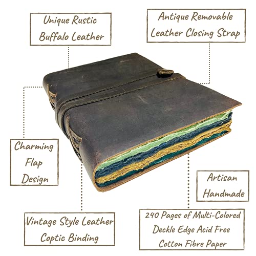 Modest Goods Vintage Leather Journal for Women & Men, Leather Bound Junk Journal Scrapbook, 240 Pages Colored Deckle Edge Paper, Rustic Travel Journal, Antique Old Fantasy Notebook (Rustic Brown, 9"x6") - Image 2
