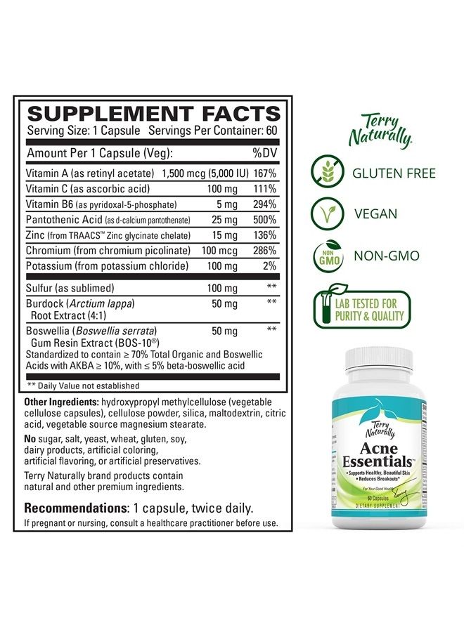 Terry Naturally Acne Essentials - 60 Vegan Capsules - Skin Support Supplement, Reduces Occasional Breakouts, Promotes Clear, Fresh Skin - Non-GMO, Gluten-Free - 60 Servings - Image 4