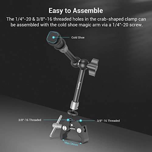 SMALLRIG 11'' Articulating Magic Arm and Clamp w/ 1/4" and 3/8" Thread, Adjustable Friction Power Camera Mount with Cold Shoe Mount for Monitor, LED Lights, Mic, for DJI/Insta360 Action Cameras - 3726 - Image 2