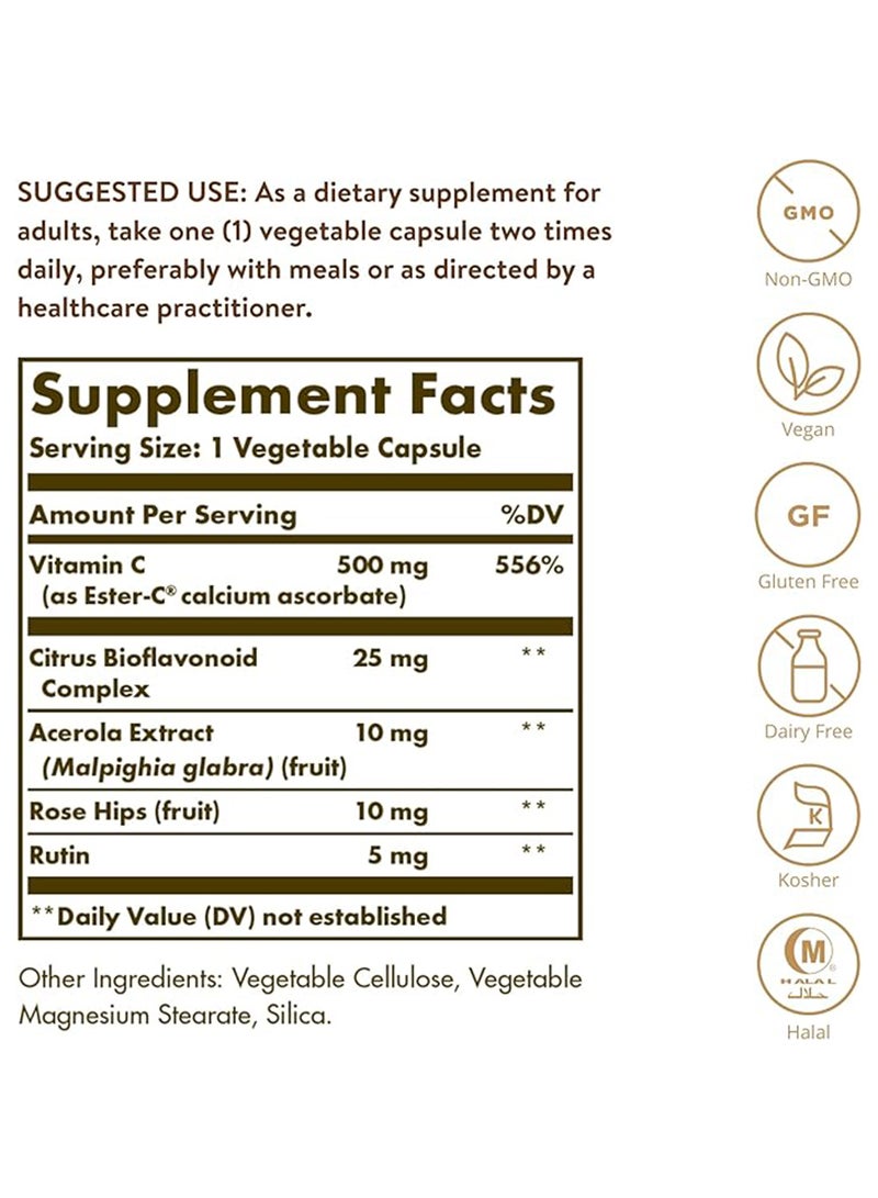 Solgar Ester-C Plus 500 Mg Vitamin C Gentle And Non Acidic Immune Support Gluten, Wheat And Dairy Free Suitable For Vegans 100 Vegetable Capsules - Image 4