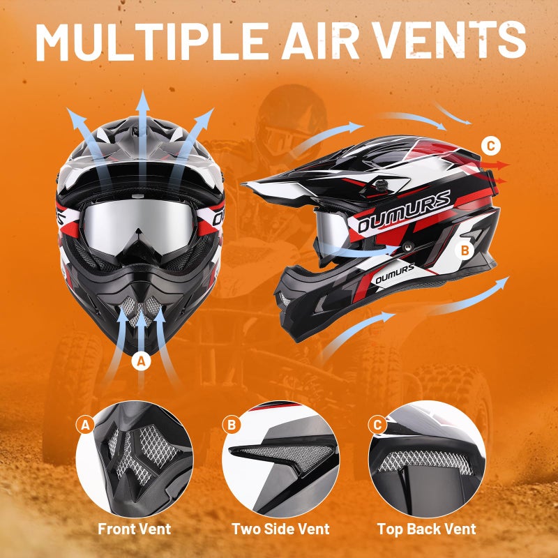 OUMURS DOT Adult ATV Dirt Bike Helmet with Goggles Gloves & Mask Adjustable Sun Visor Motorcycle Adults Helmet Off-Road Motocross Downhill Moped MX for Unisex-Adult-Victory Red, L - Image 4