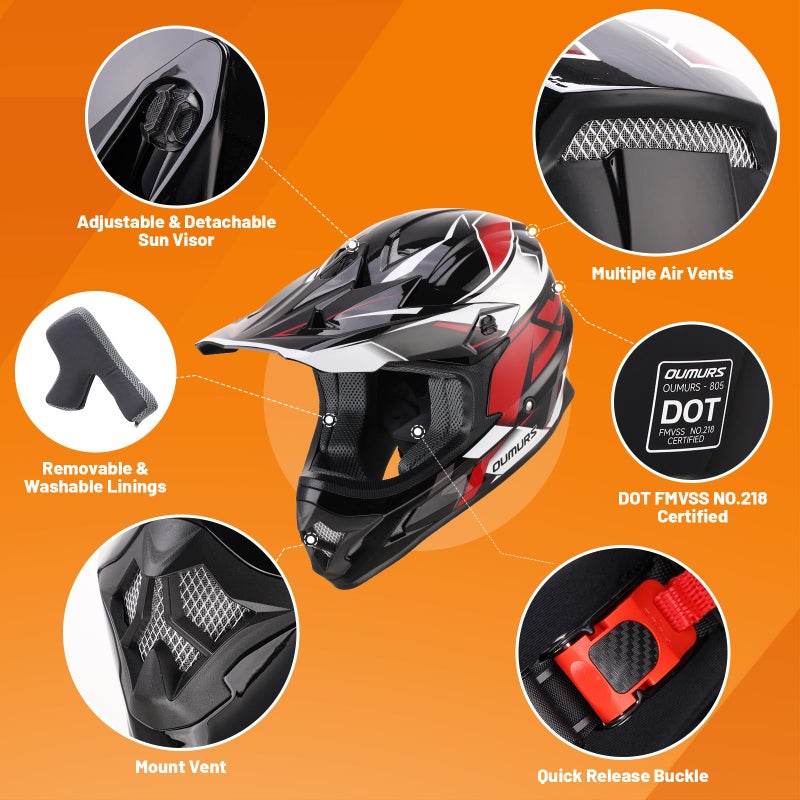 OUMURS DOT Adult ATV Dirt Bike Helmet with Goggles Gloves & Mask Adjustable Sun Visor Motorcycle Adults Helmet Off-Road Motocross Downhill Moped MX for Unisex-Adult-Victory Red, L - Image 2