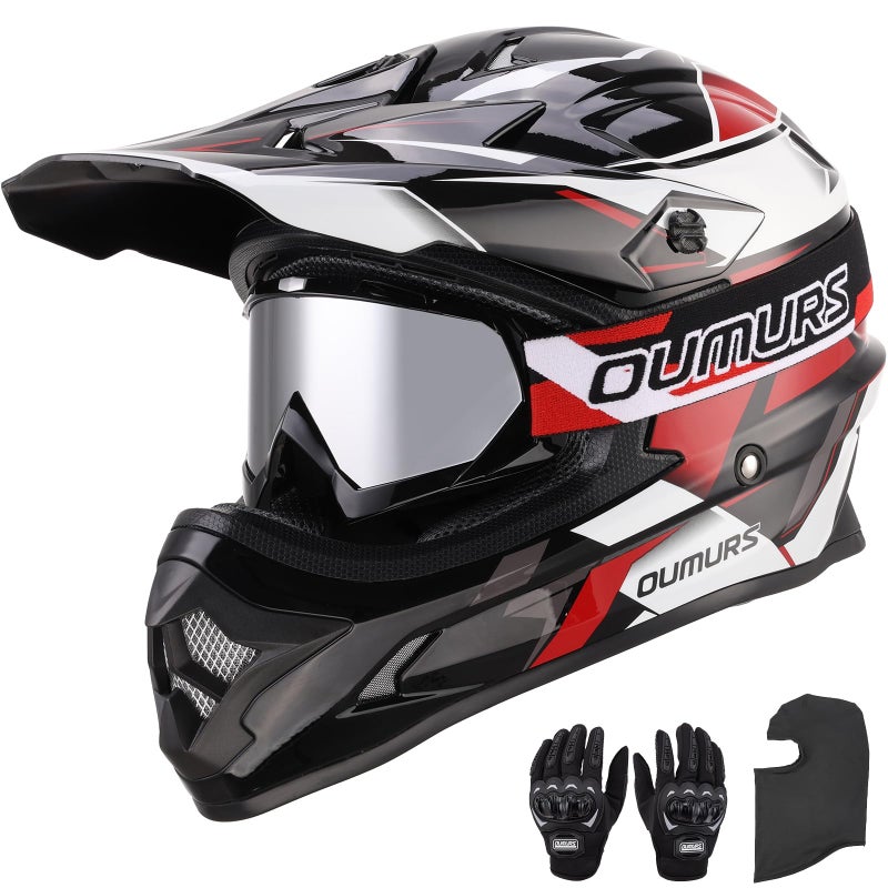 OUMURS DOT Adult ATV Dirt Bike Helmet with Goggles Gloves & Mask Adjustable Sun Visor Motorcycle Adults Helmet Off-Road Motocross Downhill Moped MX for Unisex-Adult-Victory Red, L - Image 1