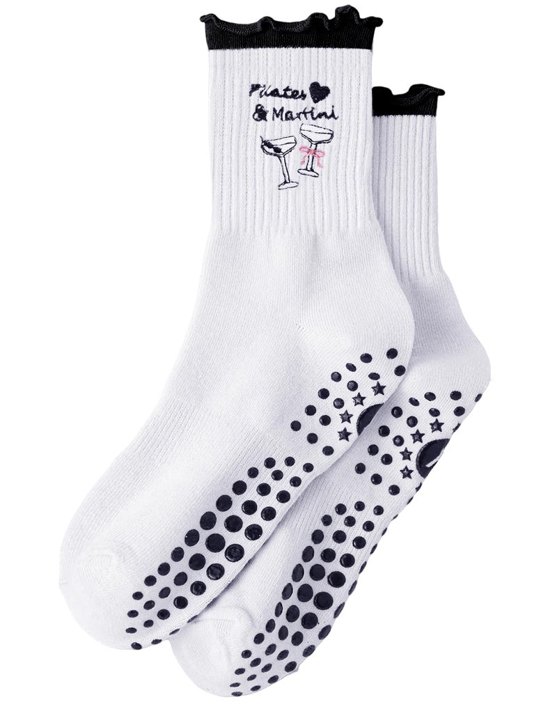 Yawlsow Cute Pilates Grip Socks for Women Ruffle Frilly Yoga Socks Non Slip Cotton Crew Grippy Sock for Barre Workout (US, Alpha, One Size, Regular, Regular, 1 Pack-Black-martini) - Image 1