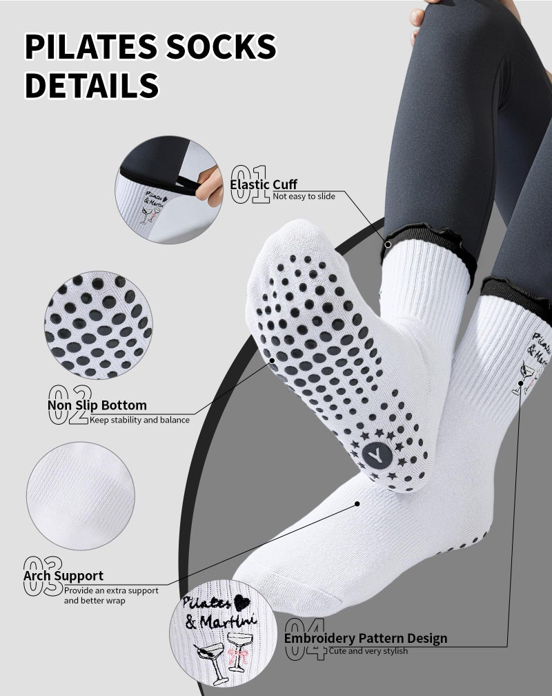 Yawlsow Cute Pilates Grip Socks for Women Ruffle Frilly Yoga Socks Non Slip Cotton Crew Grippy Sock for Barre Workout (US, Alpha, One Size, Regular, Regular, 1 Pack-Black-martini) - Image 4