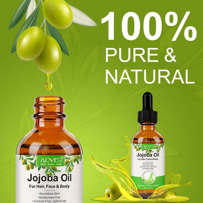 ALIVER Jojoba Oil for Hair Growth, 100% Pure & Natural - Cold Pressed Unrefined Jojoba Essential Oil for Skin & Nails, Dry Skin Relief, Makeup Remover 2.02fl.oz - Image 2