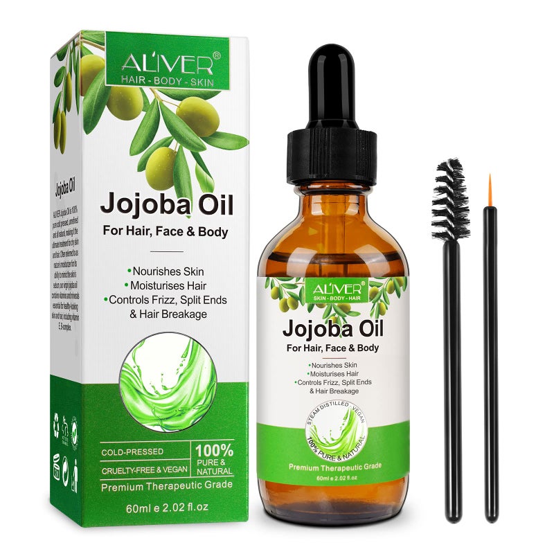 ALIVER Jojoba Oil for Hair Growth, 100% Pure & Natural - Cold Pressed Unrefined Jojoba Essential Oil for Skin & Nails, Dry Skin Relief, Makeup Remover 2.02fl.oz - Image 1