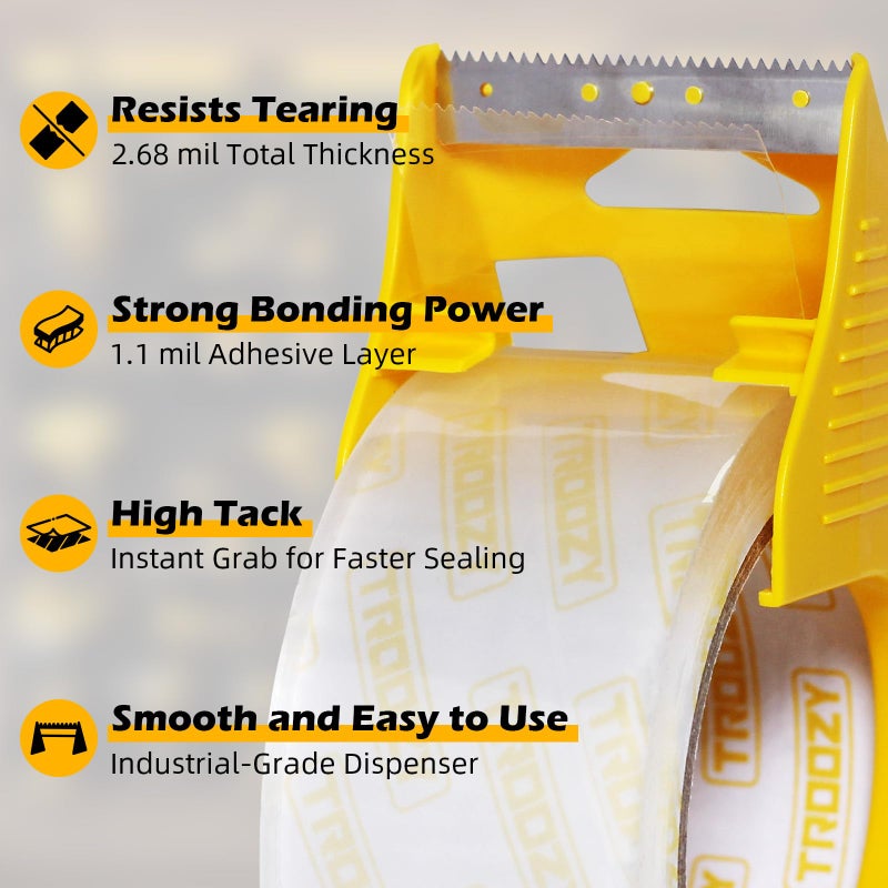 TROOZY 1.88 in x 66.6 YDs Clear Heavy Duty Packing Tape with Dispenser, 2.68 Mil Thick Strong & Durable Shipping Tape for Packing Boxes, Moving, Mailing & Storage - Image 3