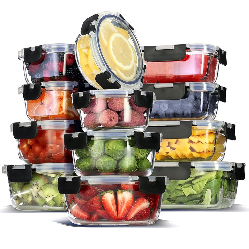 EATEX 24pc Glass Storage Containers with Lids, 12 Set Glass Food Storage Containers with 12 Airtight Lids, Pantry Kitchen Meal Prep Containers for Lunch, Freezer Storage Containers, Jet Black - Image 1