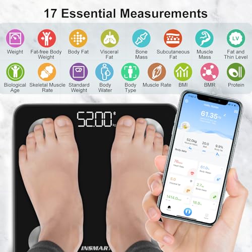 INSMART Smart Scale for Body Weight, Digital Bathroom Scale with BMI, Muscle Mass, Bluetooth Body Fat Scale,17 Body Composition Analyzer with Smart APP Sync Weight Scale, 400 lbs - Black - Image 2