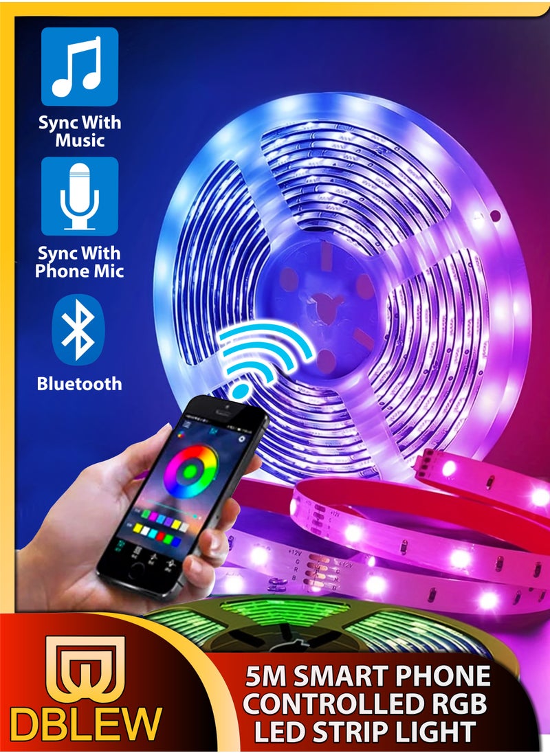 DBLEW 5M Flexible Smart Bluetooth RGB LED Strip Light Sync to Music Lighting for Home Decor Kitchen Bedroom Car Bike Hotel Outdoor Bar Parties Garden Desktop Decoration Mobile App Control USB Powered  - Image 1