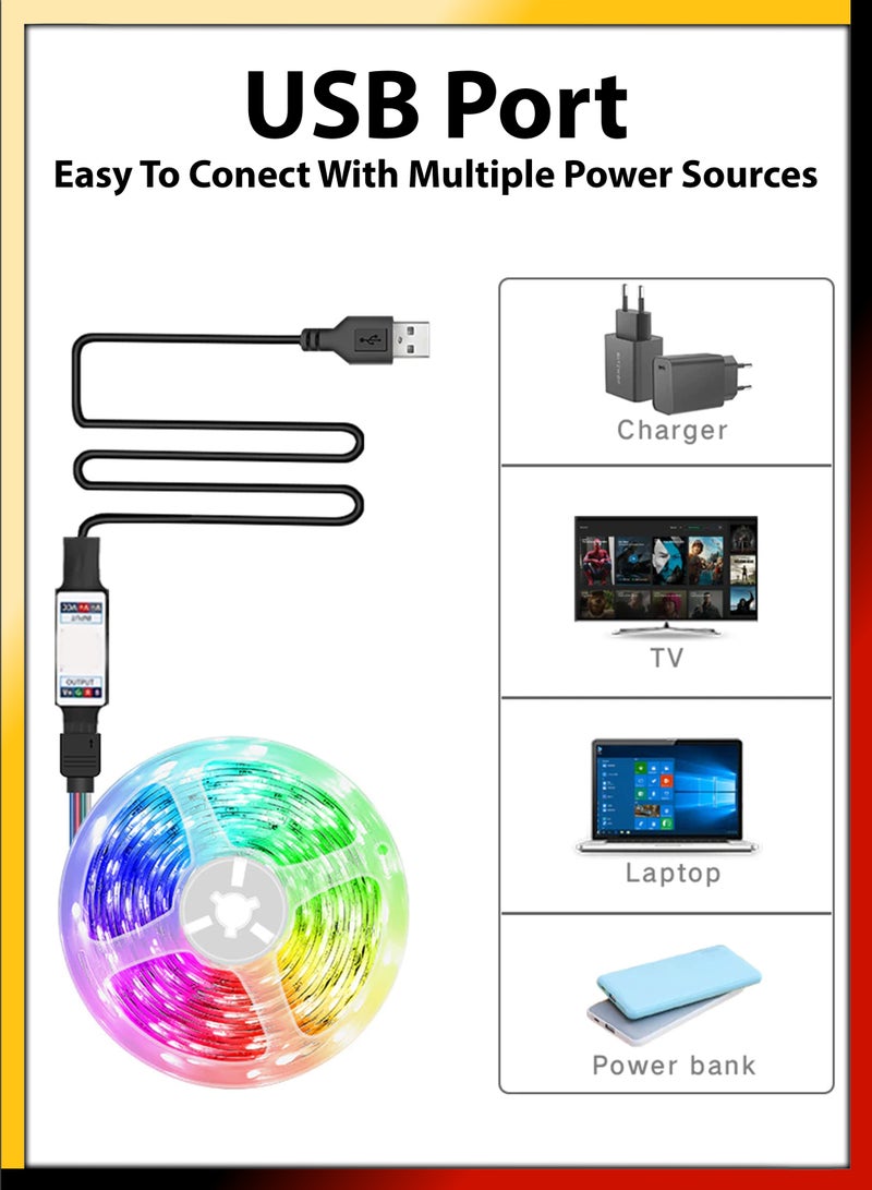 5M Flexible Smart Bluetooth RGB LED Strip Light Sync to Music Lighting for Home Decor Kitchen Bedroom Car Bike Hotel Outdoor Bar Parties Garden Desktop Decoration Mobile App Control USB Powered