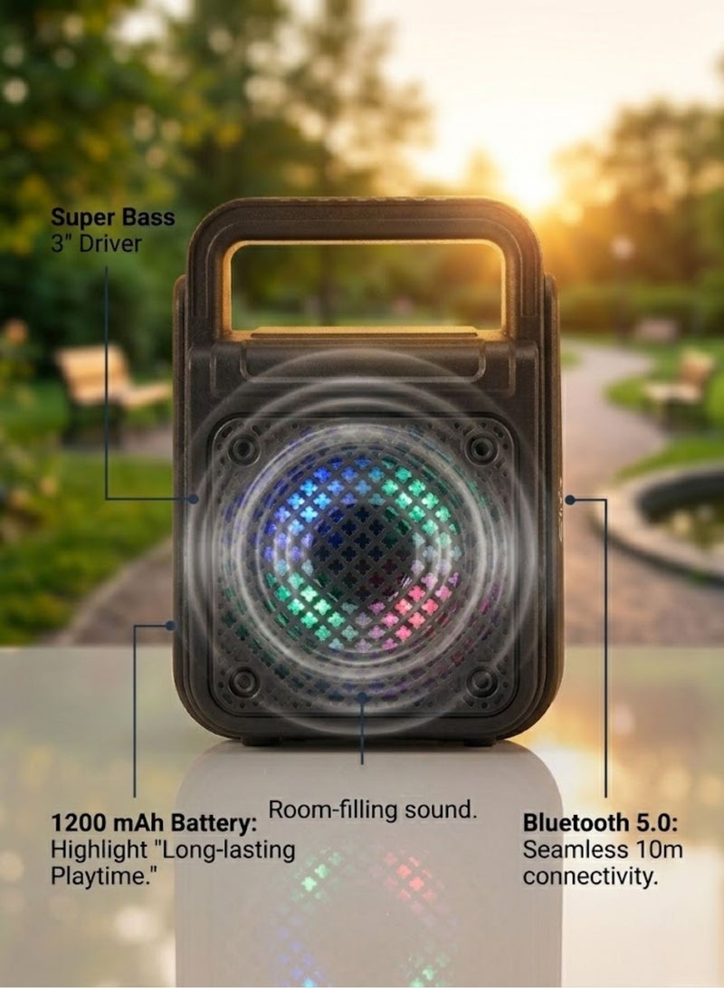 singe Portable Bluetooth Speaker 3” Super Bass | 1200 mAh Rechargeable Speaker with RGB Lights | Carry Handle, 8W Output, Volume Control, FM Radio & Bluetooth Connectivity | HD Sound for Indoor & Outdoor Use - Image 3