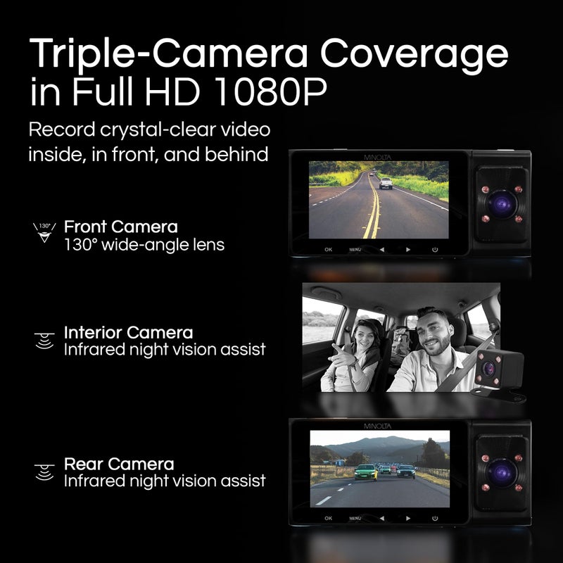 Minolta Dash Camera â€“ 3-Channel 1080P Car DVR with Rear & Interior Cam, Night Vision, 3.0â€ LCD Screen, G-Sensor, Loop Recording, Parking Monitor, Motion Detection, 32GB Card (Black) - Image 2
