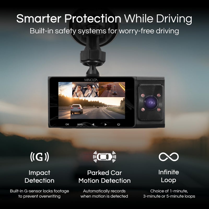Minolta Dash Camera â€“ 3-Channel 1080P Car DVR with Rear & Interior Cam, Night Vision, 3.0â€ LCD Screen, G-Sensor, Loop Recording, Parking Monitor, Motion Detection, 32GB Card (Black) - Image 3