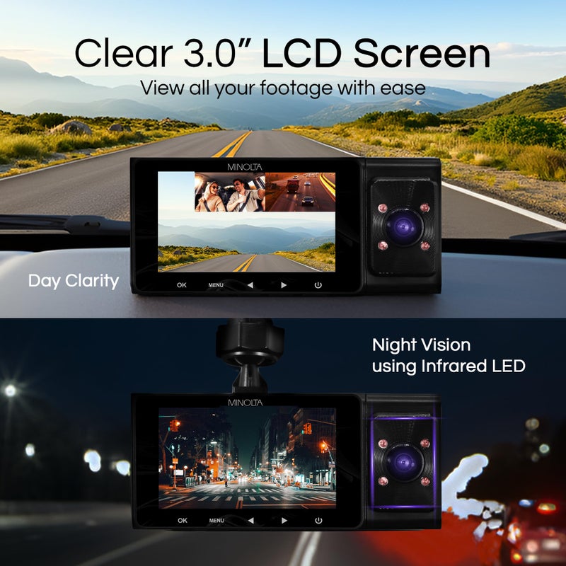 Minolta Dash Camera â€“ 3-Channel 1080P Car DVR with Rear & Interior Cam, Night Vision, 3.0â€ LCD Screen, G-Sensor, Loop Recording, Parking Monitor, Motion Detection, 32GB Card (Black) - Image 4