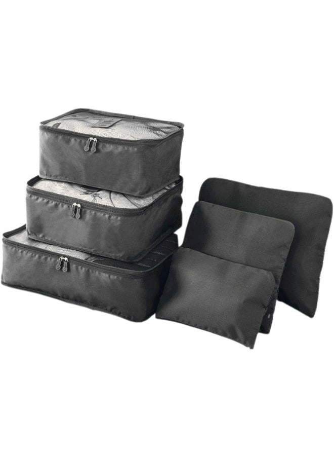 Pouch 6-Piece Travel Luggage Storage Bag Set - 3 Travel Storage Bags + 3 Small Clothing Organizers (Black)  - Image 1