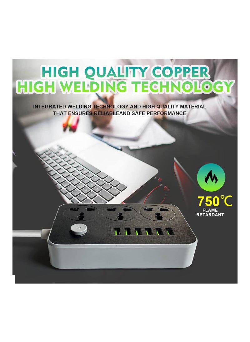 BOLICE - Power Strips Extension Cord 3 Outlets Power Socket with 6 USB Ports Universal Charging Socket with 2M Bold Extension Cord - Image 1