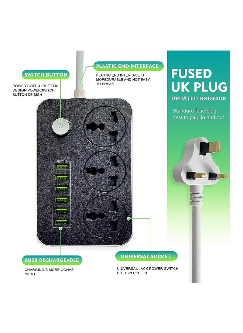 BOLICE - Power Strips Extension Cord 3 Outlets Power Socket with 6 USB Ports Universal Charging Socket with 2M Bold Extension Cord - Image 1