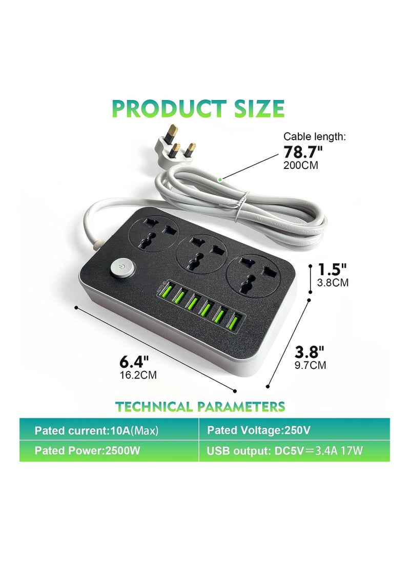 BOLICE - Power Strips Extension Cord 3 Outlets Power Socket with 6 USB Ports Universal Charging Socket with 2M Bold Extension Cord - Image 1