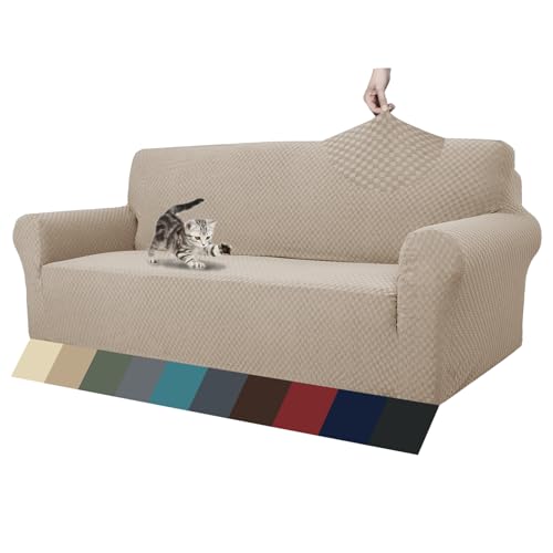ZNSAYOTX 1 Piece Jacquard Couch Covers for 3 Cushion Couch Living Room High Stretch Sofa Cover Pets Dogs Friendly Anti Slip Thickened Slipcovers Furniture Protector (Sofa, Khaki) - Image 1