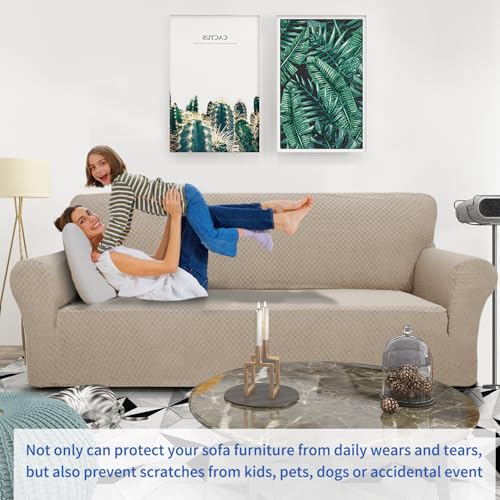 ZNSAYOTX 1 Piece Jacquard Couch Covers for 3 Cushion Couch Living Room High Stretch Sofa Cover Pets Dogs Friendly Anti Slip Thickened Slipcovers Furniture Protector (Sofa, Khaki) - Image 2